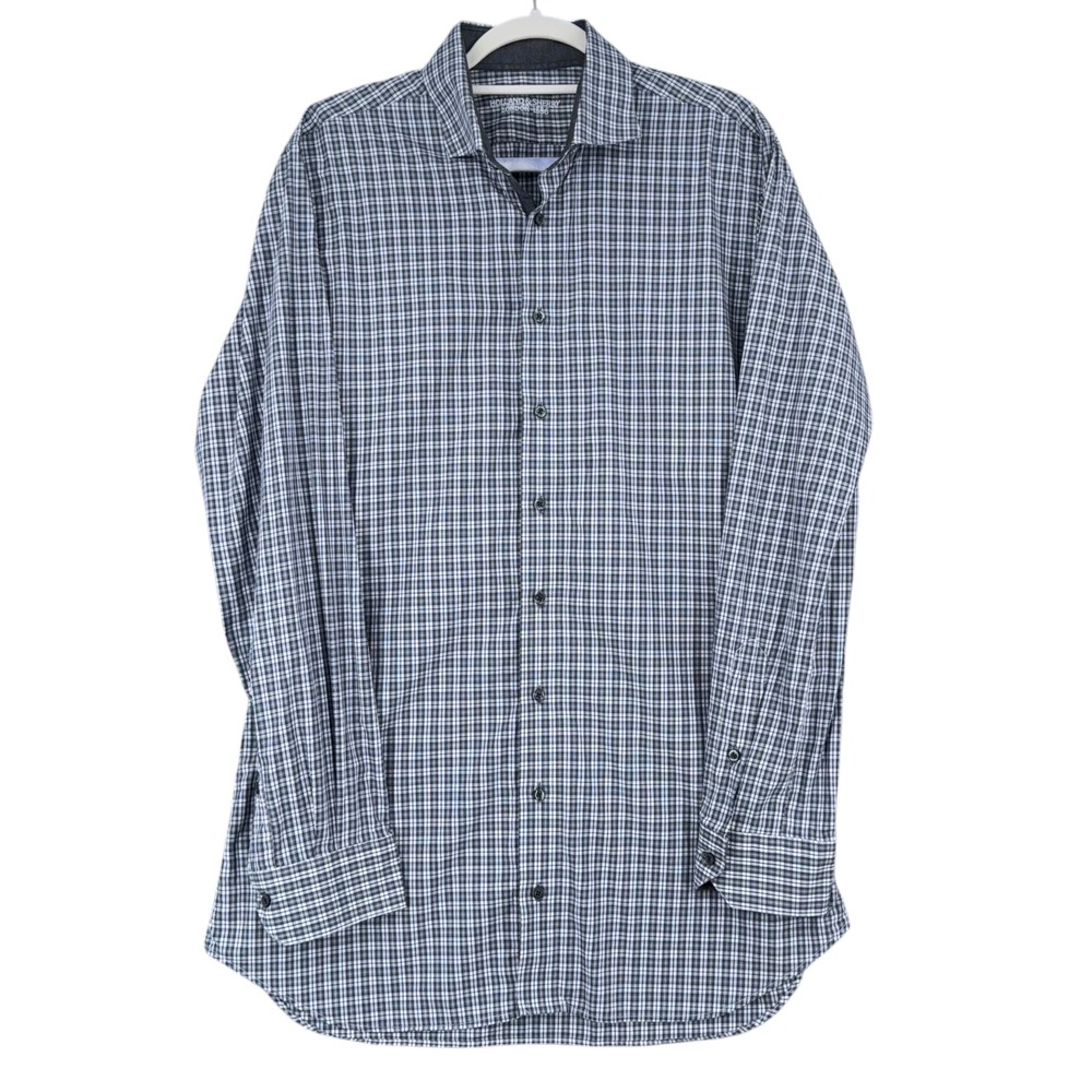 Holland & Sherry London 1896 Custom Made‎ Men's Blue Plaid Dress Shirt Size L